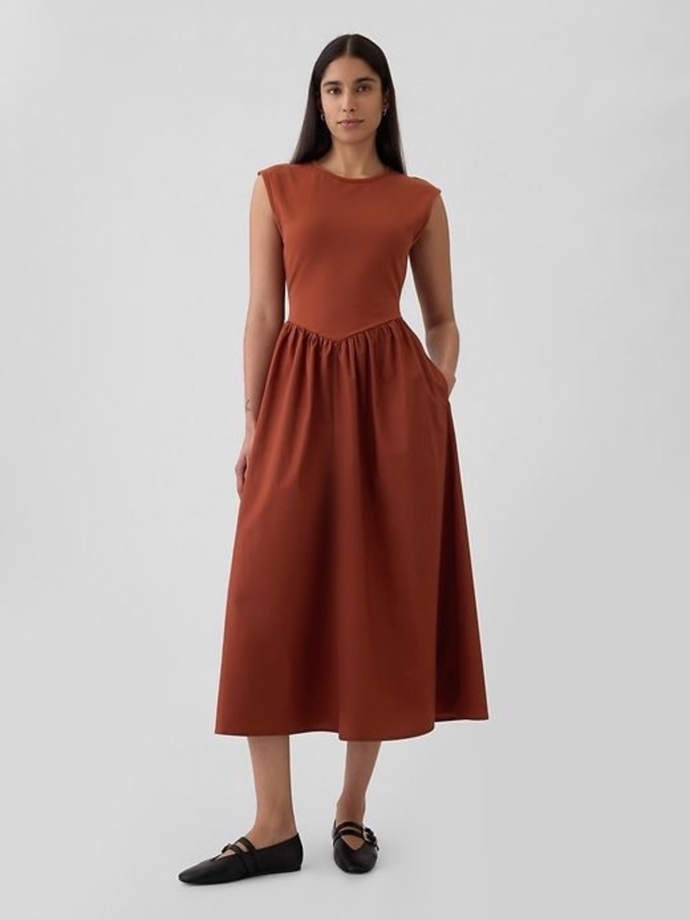 Gap Mixed Media Drop Waist Midi Dress S Tall Terra Brown Minimalist Pockets Chic